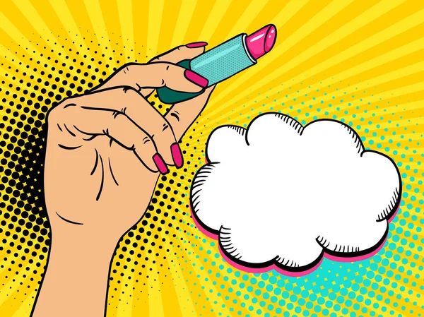 Pop Art Hintergrund mit weiblicher Hand, die rosa Lippenstift und leere Sprechblase für Ihr Angebot auf halbseitigem Hintergrund hält. Vektor bunte handgezeichnete Illustration im Retro-Comic-Stil. — Stockvektor