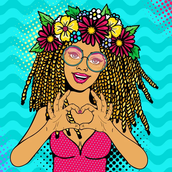 Sexy young sexy woman with open smile dreadlocks hairstyle and flowers on head in glasses shows love heart sign. Vector colorful invitation poster in pop art retro comic style. Royalty Free Stock Vectors