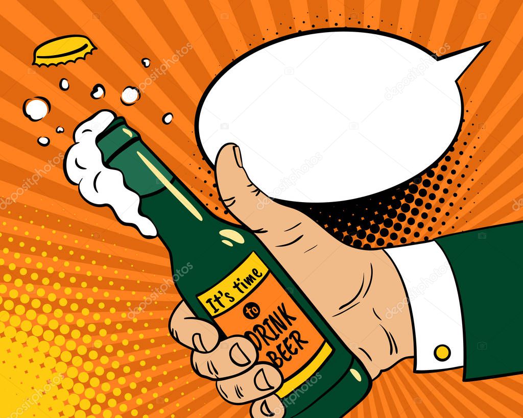 It's time to drink beer. Pop art background with male hand with thumb up holding a beer bottle with a cork and a foam flying out and empty speech bubble. Vector colorful hand drawn illustration in retro comic style.
