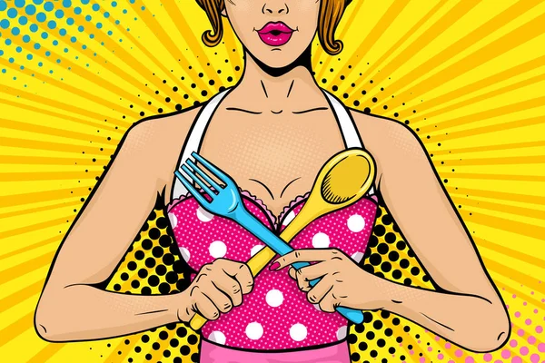 Closeup of sexy woman housewife with open mouth in apron holding big fork and spoon crossing. Vector colorful background in pop art retro comic style. Cook battle invitation poster. — Stock Vector