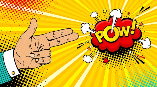 Pop art fundo com mão masculina com dois dedos como um revólver e Pow bolha de fala dinâmica em fundo pontos. Vetor colorido mão desenhada ilustração em estilo retro quadrinhos pop art . — Vetor de Stock
