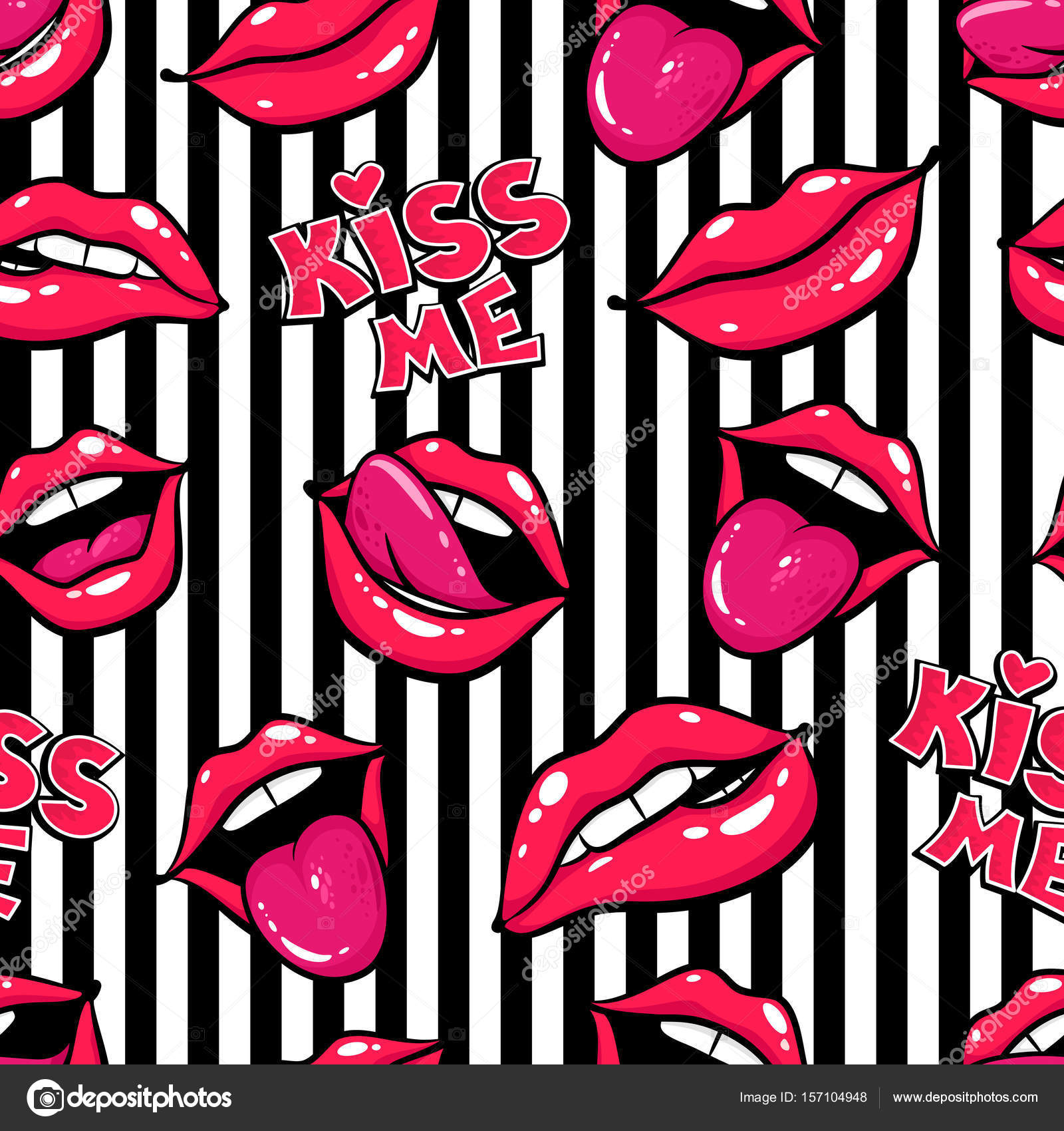 女性の唇。キス、笑顔、舌、歯、口、黒と白の背景にレタリングをキスします。レトロなスタイルでポップアート コミック シームレス パターン ベクトル.  ストックベクター ©irinalevbasework.gmail.com 157104948, image size:963x1024