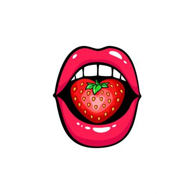 Açık kadın ağız diş tarafından kalp şeklinde bir çilek tutarak. Vektör karikatür çizim komik pop sanat retro tarzı beyaz arka plan üzerinde izole.