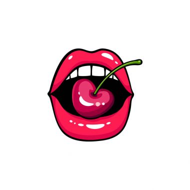 Seksi açık kadın ağız diş tarafından bir kiraz kalp şeklinde tutarak. Vektör parlak karikatür çizim komik pop sanat retro tarzı beyaz arka plan üzerinde izole.