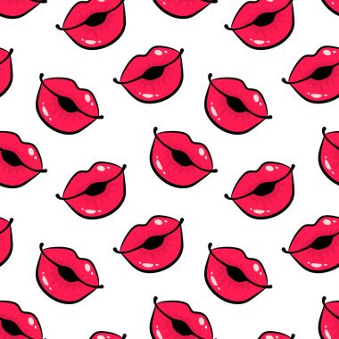 Kadın dudakları beyaz arka plan seamless modeli öpücük şeklinde. Vektör çizim komik retro pop sanat tarzı.