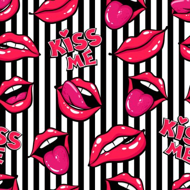 Kadın dudaklar. Ağız bir öpücük, gülümseme, dil, diş ve siyah ve beyaz arka plan üzerinde yazı öp beni. Vektör komik seamless modeli pop sanat retro tarzı.