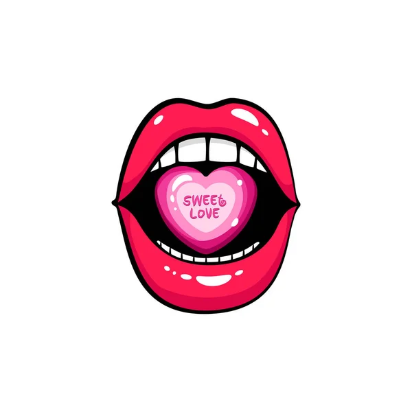 Sexy boca abierta femenina sosteniendo un caramelo en forma de corazón con letras de amor dulce por los dientes. Ilustración de dibujos animados brillante vectorial en estilo retro de arte pop cómico aislado sobre fondo blanco . — Vector de stock