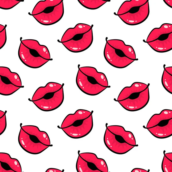 Labios femeninos en forma de beso sobre fondo blanco patrón sin costuras. Ilustración vectorial en estilo de arte pop retro cómico . — Archivo Imágenes Vectoriales