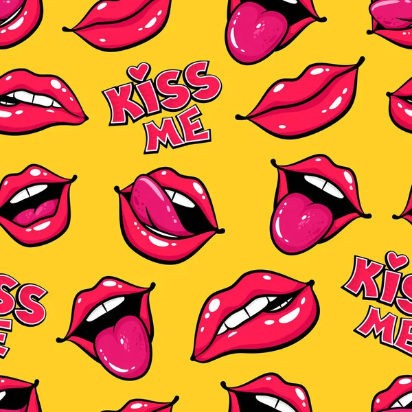 Fondo de labios femeninos. Boca con un beso, sonrisa, lengua, dientes y besarme con letras. Patrón sin costuras de cómic vectorial en estilo retro de arte pop . — Archivo Imágenes Vectoriales