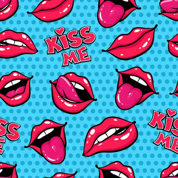 Female lips. Mouth with a kiss, smile, tongue, teeth and kiss me lettering on dots background. Vector comic seamless pattern in pop art retro style.