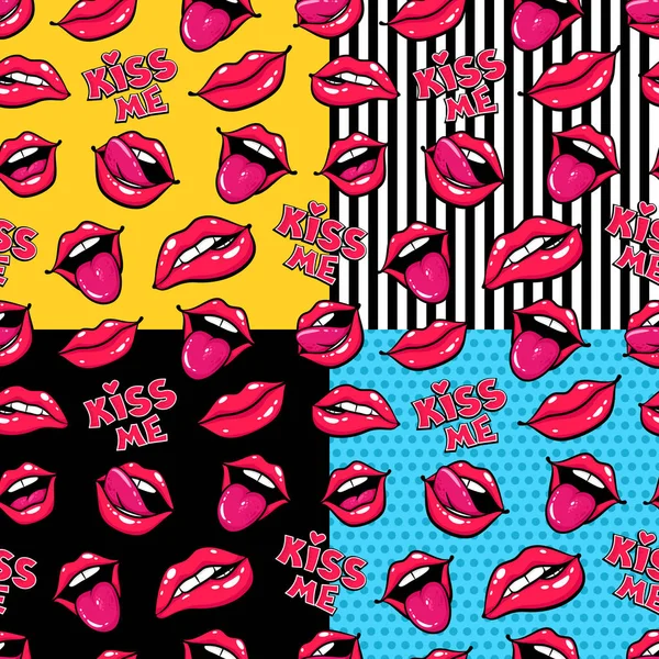 Los labios femeninos. Boca con un beso, sonrisa, lengua, dientes y besarme letras en puntos, amarillo, negro, fondos de línea. Vector cómic conjunto de patrones sin costura en el arte pop estilo retro . — Archivo Imágenes Vectoriales