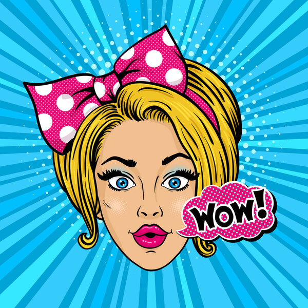 Wow pop art female face. Sexy surprised young blonde woman with open mouth and big bow on her head and WOW! speech bubble. Vector bright background in pop art retro comic style.