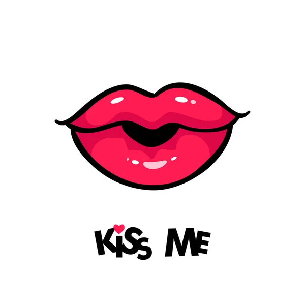 Sexy bocca femminile in forma di bacio e baciarmi lettering. Illustrazione a fumetti vettoriale in stile pop art retrò isolato su sfondo bianco . — Vettoriale Stock