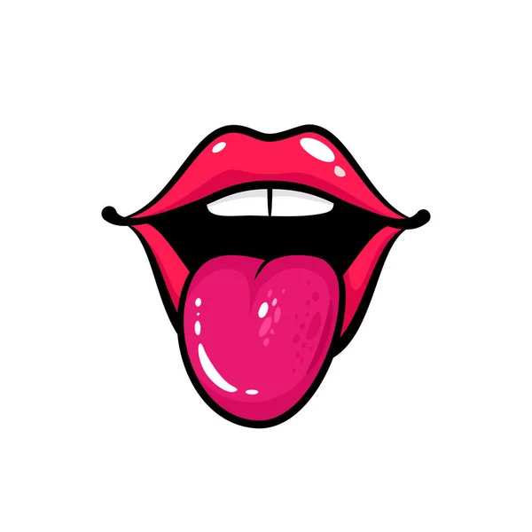 Buka mulut wanita dengan lidah dan gigi. Vektor komik ilustrasi dalam pop seni gaya retro terisolasi di latar belakang putih . - Stok Vektor