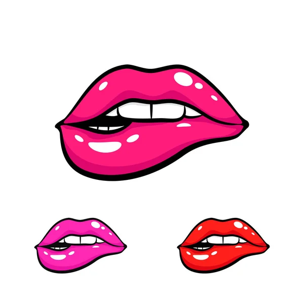 La boca femenina se muerde los labios. Ilustración cómica vectorial en estilo retro de arte pop aislado sobre fondo blanco. Tres variantes de color . — Vector de stock