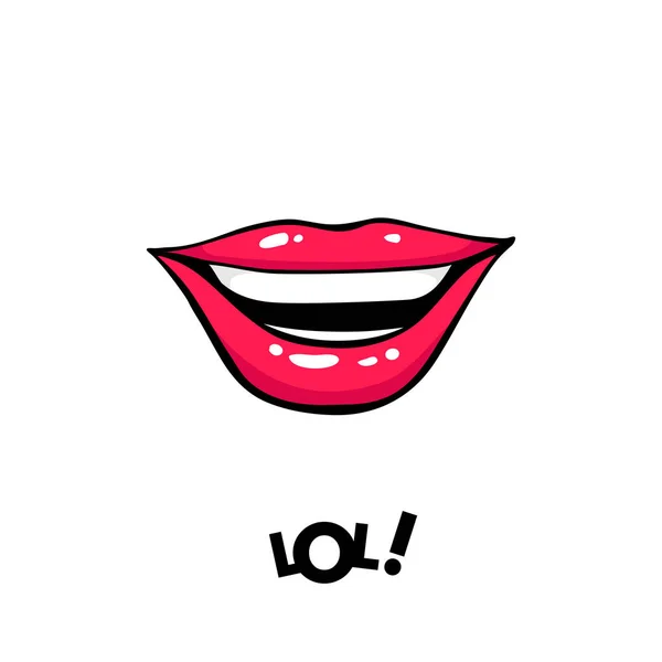 Sexy boca femenina riendo y LOL! Letras. Ilustración cómica vectorial en estilo retro de arte pop aislado sobre fondo blanco . — Vector de stock