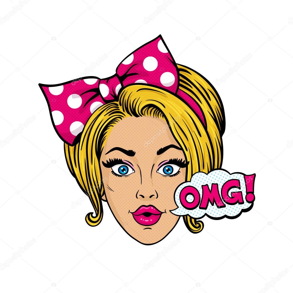 Wow pop art female face. Sexy surprised young blonde woman with open mouth and big bow on her head and OMG! speech bubble. Vector bright object in pop art retro comic style on white background.