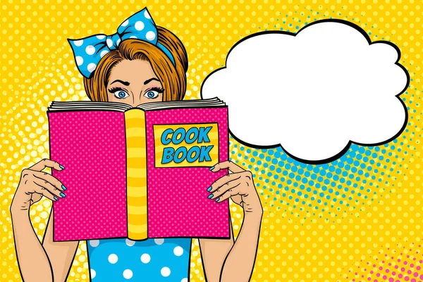 Wow female face. Sexy young woman housewife with wide open eyes and bow on her head holding big Cook Book. Vector colorful background in pop art retro comic style. Party invitation poster. — Stock Vector