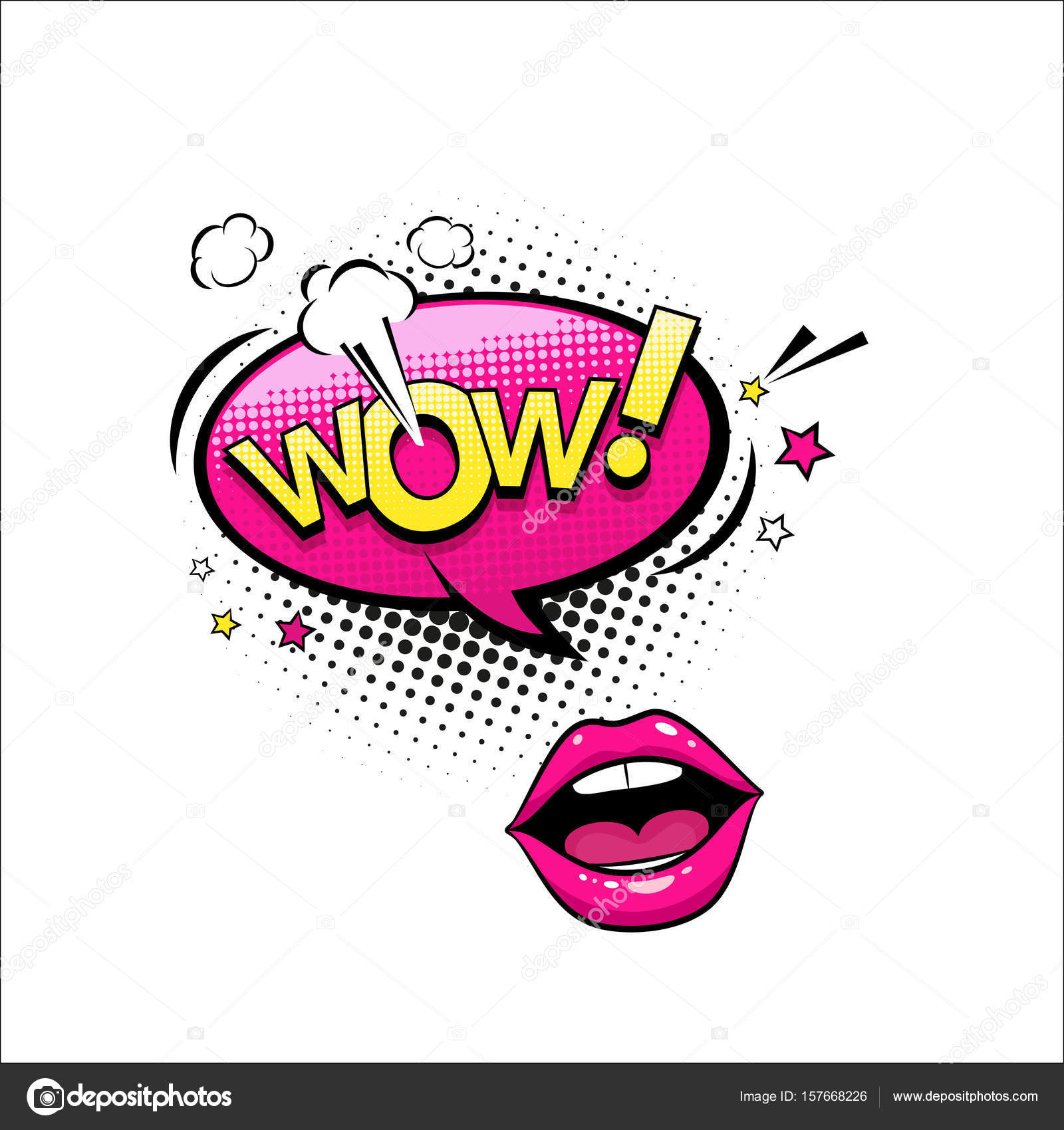 Bolha de fala cômica com estrelas, texto emocional Uau e boca feminina  aberta. Ilustração dinâmica brilhante dos desenhos animados do vetor  isolada no fundo branco . Vetor de ©irinalevbasework.gmail.com 157668226, image size:963x1024