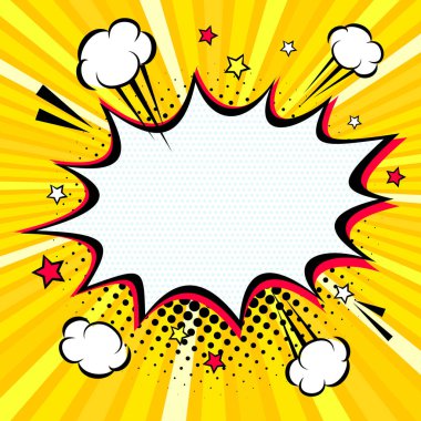 Komik boş konuşma balonu ile metin, noktalar, yıldız ve bulutlar için yer. Vektör parlak dinamik karikatür çizim retro pop sanat tarzı noktalı resim arka plan üzerinde.