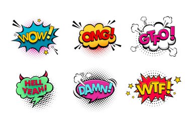 Komik konuşma balonları farklı duygular ve metin Wow ile ayarla, Omg, Gtfo, cehennem Evet, lanet olsun, Wtf. Beyaz arka plan üzerinde izole vektör parlak dinamik karikatür çizimler.