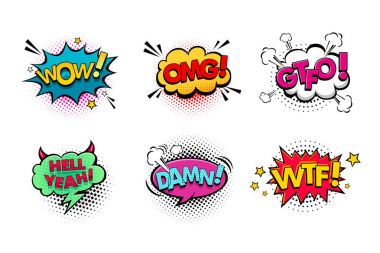 Comic speech bubbles set with different emotions and text Wow, Omg, Gtfo, Hell Yeah, Damn, Wtf . Vector bright dynamic cartoon illustrations isolated on white background. clipart