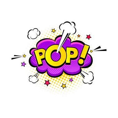 İfade metin Pop ile komik konuşma balonu, bulutlar ve yarı ton ile yıldız. Vektör parlak dinamik çizgi film illüstrasyon izole beyaz arka plan üzerinde retro pop sanat tarzı.