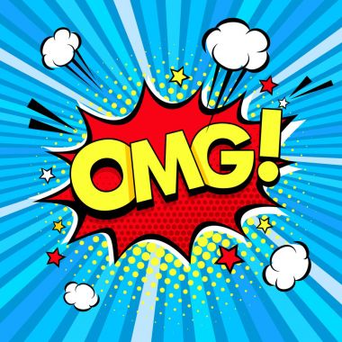 Komik konuşma balonu ile ifade metin Omg!, yıldız ve bulutlar. Vektör parlak dinamik karikatür çizim retro pop sanat tarzı noktalı resim arka plan üzerinde.