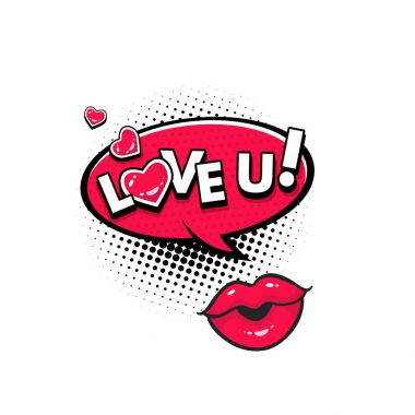 Comic speech bubble with hearts, emotional text Love you! and female lips in form of kiss. Vector bright dynamic cartoon illustration isolated on white background. clipart