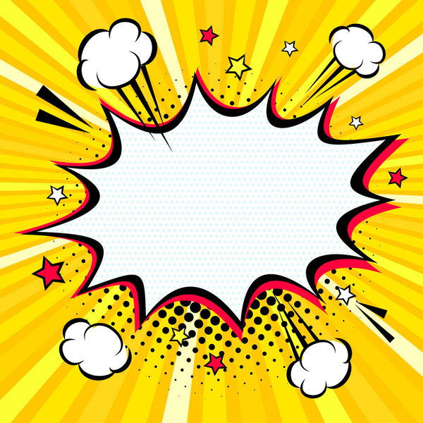 Комический пустой пузырь речи с пространством для текста, точками, звездами и облаками. Векторная яркая динамическая мультипликационная иллюстрация в стиле ретро поп-арта на полуодном фоне
.