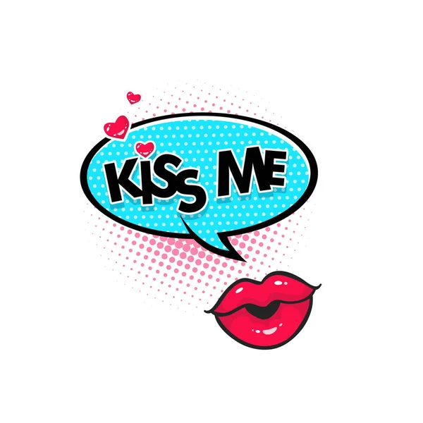 Комічна мовна бульбашка з серцями, емоційний текст Kiss Me і жіночі губи. Векторна яскрава динамічна мультяшна ілюстрація ізольована на білому тлі . — стоковий вектор