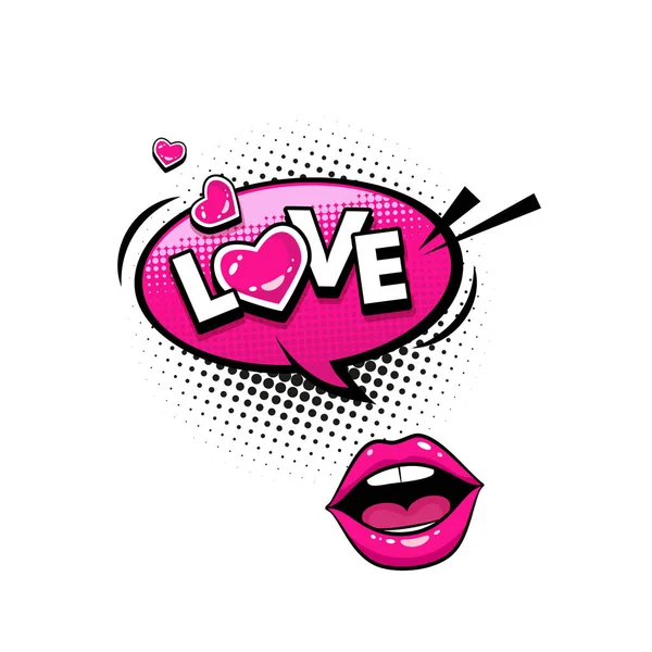 Komische tekstballon met hartjes, emotionele tekst Love en vrouwelijke lippen. Heldere dynamische cartoon vectorillustratie geïsoleerd op witte achtergrond. — Stockvector
