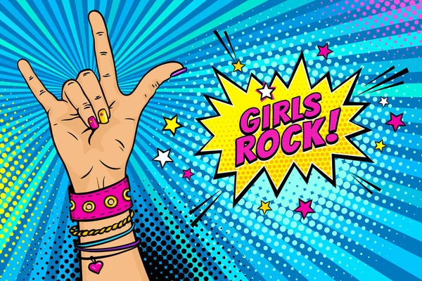 Fundo de arte pop com mão feminina com sinal de rock n roll e bolha de fala Girls Rock com estrelas. Vetor colorido mão desenhada ilustração em estilo cômico retrô . — Vetor de Stock