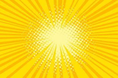 Işınları ve yarı ton noktaları pop sanat retro çizgi roman tarzı ile vektör sarı arka plan. Yaratıcı konsept illüstrasyon çizgi roman tasarlamak.
