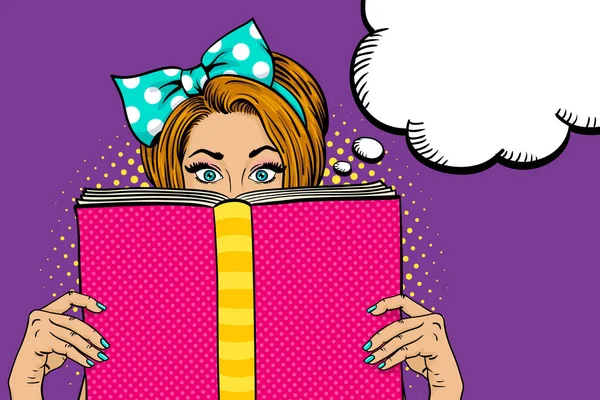 Kadın yüzü Vay. Seksi genç kadın ev kadını geniş açık gözleri ve yay büyük pembe kitap başında. Vektör renkli arka planda pop sanat retro çizgi roman tarzı. Parti Davetiyesi poster.
