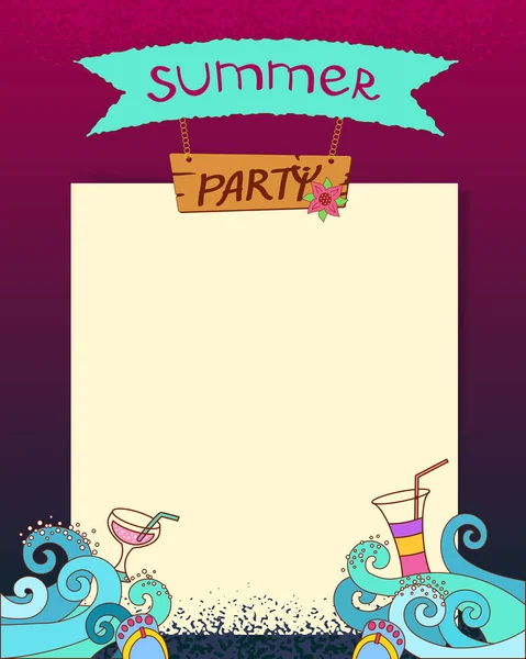 Sommerfest. Vektor-Cartoon handgezeichneten Sommer Hintergrund mit Meereswellen in der Nacht und Coctails. Vorlage: Sommergrenze. — Stockvektor