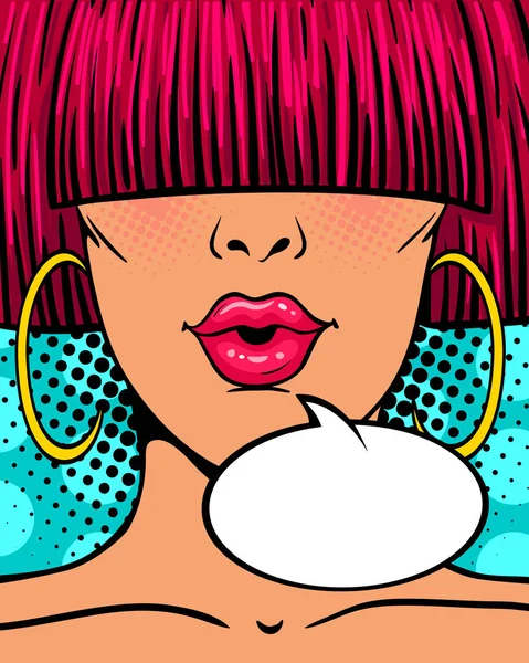 Wow, faccia. Sexy sorpresa giovane donna con la bocca aperta, capelli rosa con una lunga frangia che copre gli occhi e la bolla discorso vuoto. Vettoriale sfondo luminoso in stile pop art retrò comico . — Vettoriale Stock