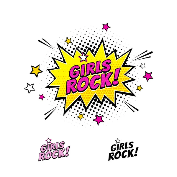 Burbuja de habla cómica con texto emocional Girls Rock y estrellas. Vector brillante ilustración de dibujos animados dinámicos aislados sobre fondo blanco . — Vector de stock