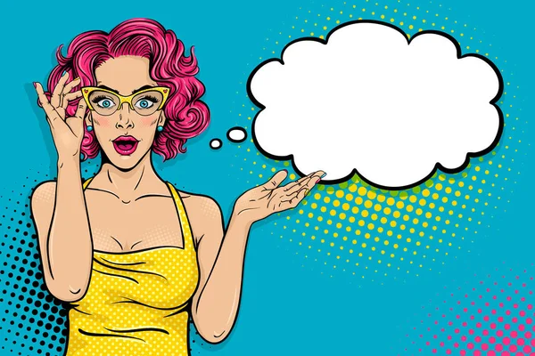 Pop art kadın yüzü Vay. Açık ağız ve pembe kıvırcık saçlı ve konuşma balonu gözlüklü seksi sürpriz genç kadın. Vektör parlak arka planda pop sanat retro komik tarzı.