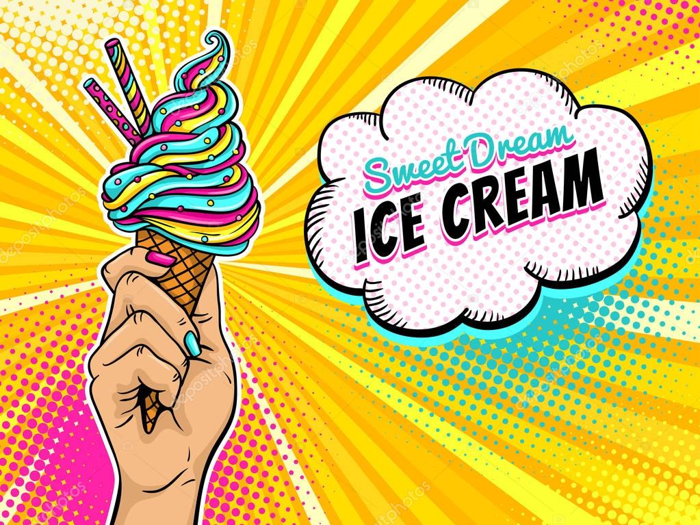 Download Pop art background with female hand holding bright ice ...