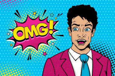 Pop sanat erkek yüz Vay. Genç seksi adam açık ağız ile takım elbise ve ekspresiyon Omg konuşma balonu yıldız ile şaşırttı. Vektör retro çizgi roman tarzı renkli resimde. Parti Davetiyesi poster.
