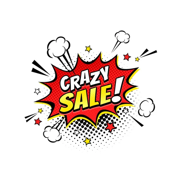 Bolla di discorso comico con testo di espressione Crazy Sale!, stelle e nuvole. Illustrazione del fumetto dinamico luminoso vettore in stile pop art retrò isolato su sfondo bianco . — Vettoriale Stock