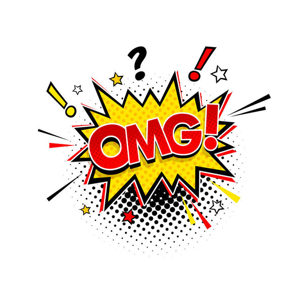 Комическая речь с экспрессивным текстом OMG! и звёзды. Векторная красочная динамичная иллюстрация в стиле ретро поп-арт на белом фоне
.