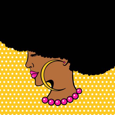 Afro Amerikan kadın yüzü. Seksi genç siyah kadın profili büyük küpeler, afro saç modeli ile. Pop sanat retro çizgi roman tarzı noktalar arka plan üzerinde parlak resimde vektör.