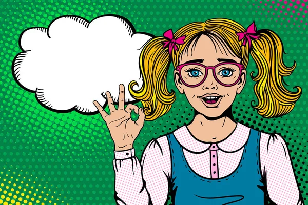 Wow-Gesicht. Nettes, überraschtes blondes Schulmädchen in Brille mit offenem Mund zeigt Ok-Zeichen und leere Sprechblase auf Halbton. Vektorillustration im Retro-Pop-Art-Comic-Stil. zurück zum Schulposter. — Stockvektor