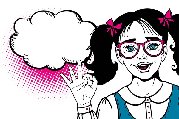 顔をうわーします。口を開けてガラスのかわいいびっくり学校の女の子は、ハーフトーンの ok サインと空の吹き出しを示しています。レトロなポップなアート コミック スタイルのベクトル図。学校のポスターに戻る. — ストックベクタ