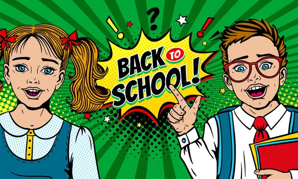 Wow faces. Cute surprised school girl and boy in glasses holding notebooks with open mouth points on Back to School speech bubble. Vector colorful cartoon background in retro pop art comic style. Stock Illustration