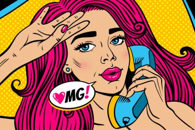 Pop art female face. Closeup of sexy young woman with pink hair and open mouth lying in bed and holding old phone handset and OMG! speech bubble. Vector colorful illustration in retro comic style. clipart