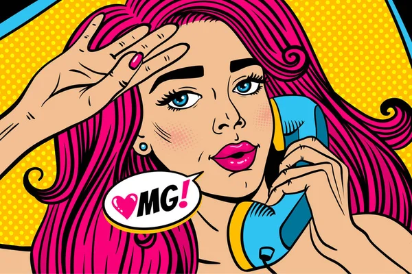 Pop art female face. Closeup of sexy young woman with pink hair and open mouth lying in bed and holding old phone handset and OMG! speech bubble. Vector colorful illustration in retro comic style. — Stock Vector