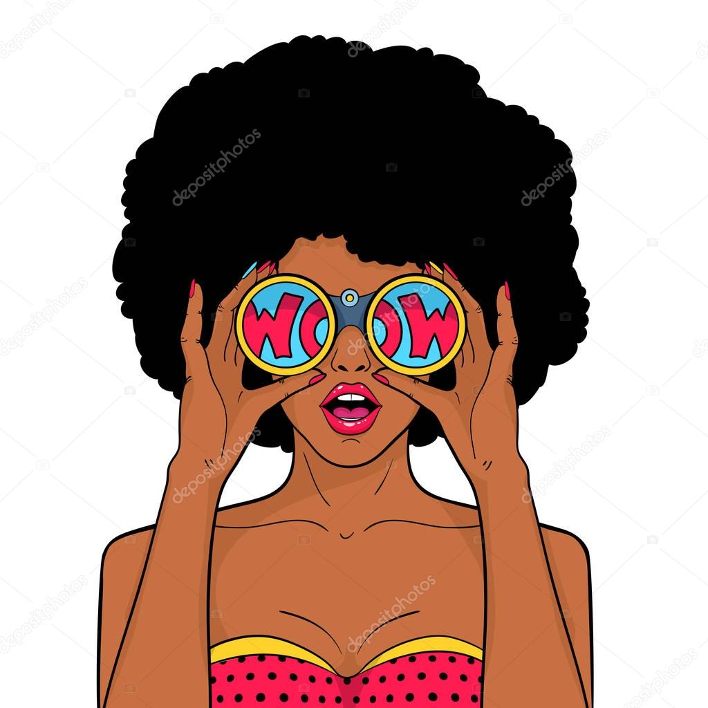 Wow face. Sexy surprised black woman with afro hair and open mouth holds binoculars in her hands with inscription wow in reflection. Vector object in pop art retro style isolated on white background.